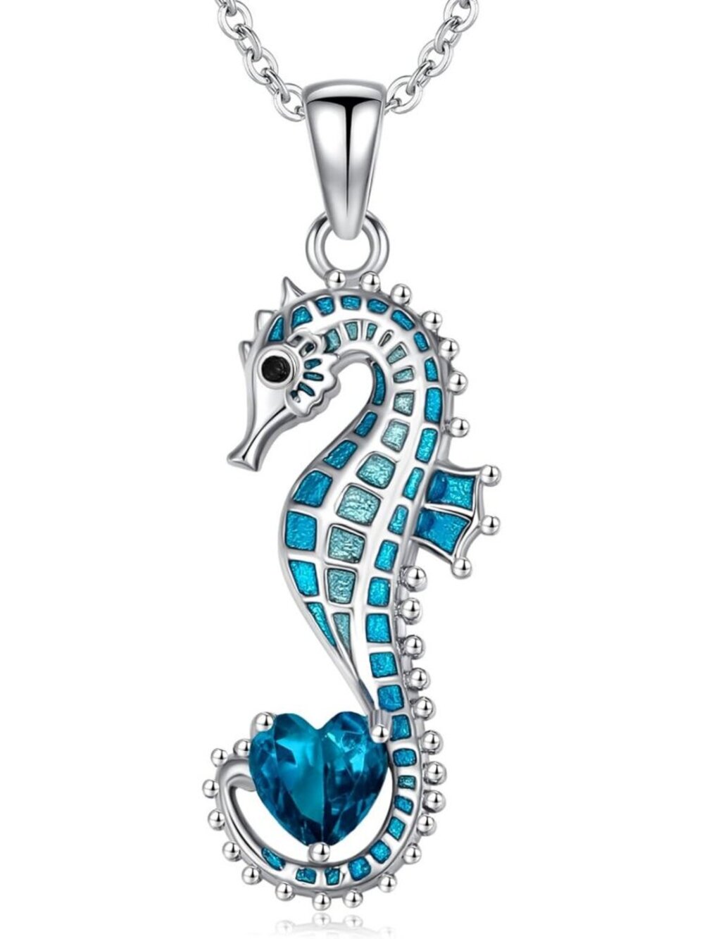 Sterling Silver Seahorse Necklace with Heart Birthstone Pendant for Women